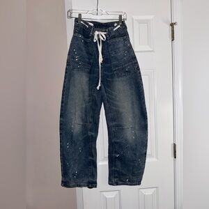 Women’s blue paint splattered barrel jeans